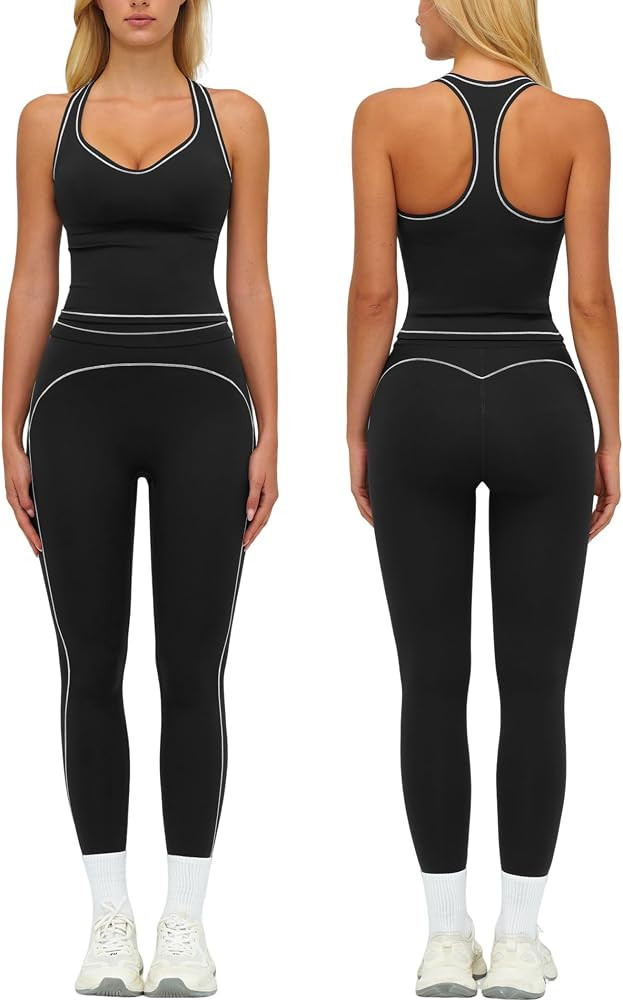 Women 2 Piece Workout Sets Racerback Color Block Tank Top High Waist Tummy Control Active Legging... | Amazon (US)