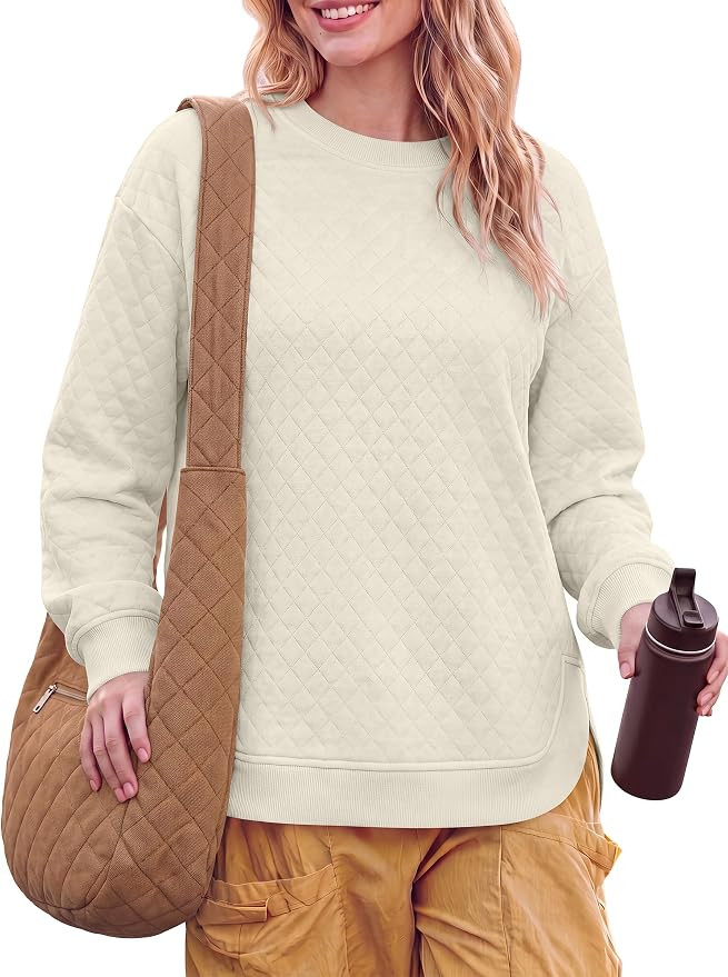 ANRABESS Women Long Sleeve Quilted Pattern Sweatshirt | Lightweight Fleece Hoodie, Loose Fit Crew... | Amazon (US)