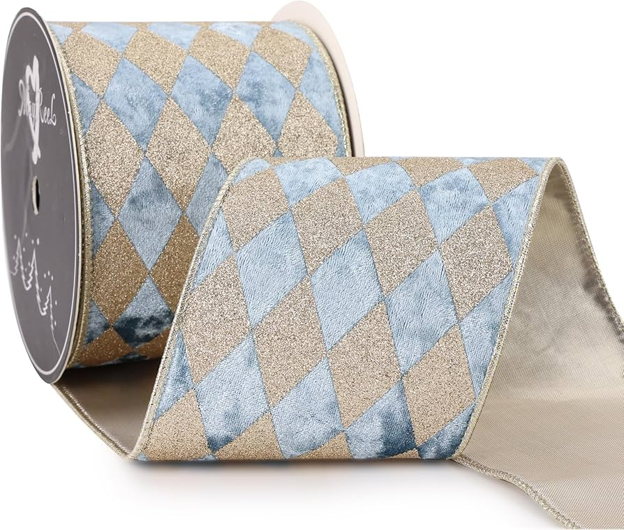 MAYREEL Dusty Blue Crushed Velvet Wired Ribbon 4 Inch Extra Wide Christmas Ribbon with Gold Diamo... | Amazon (US)