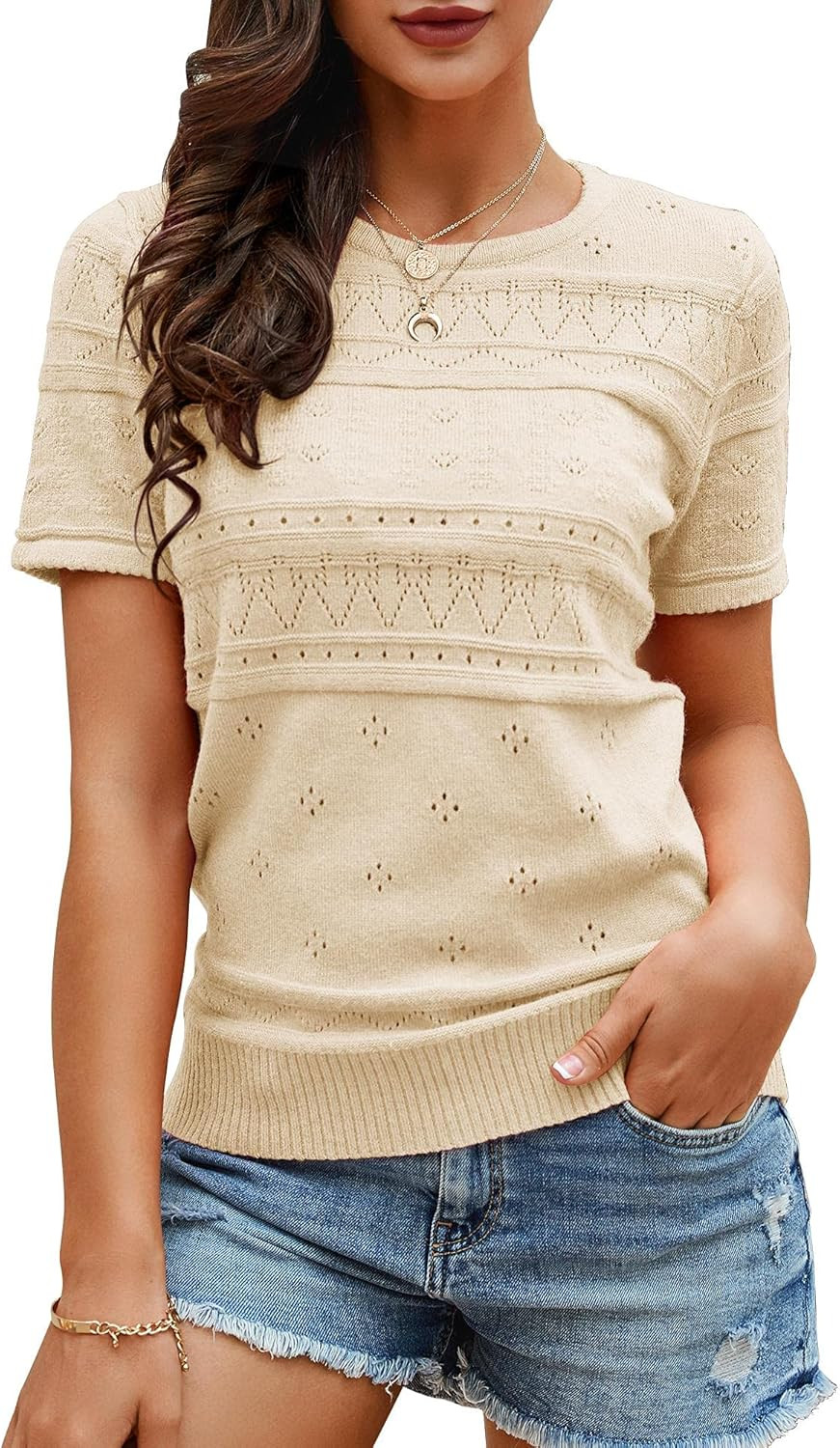 Foshow Womens Puff Short Sleeve Sweaters Tops Spring Soft Crew Neck Dot Pullover Shirt Lightweigh... | Amazon (US)