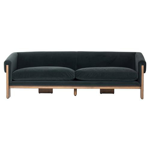 Cabrina Mid Century Modern Smoke Upholstered Brown Solid Wood Sofa - 90.5"W | Kathy Kuo Home