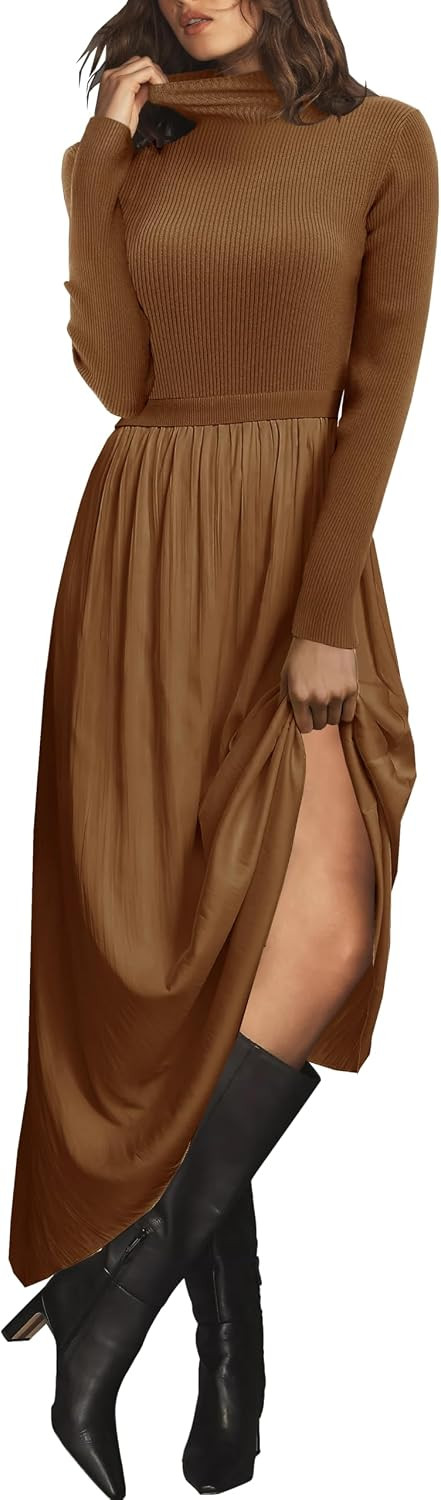 Womens Fall Mock Turtleneck Long Sleeve Ribbed Knit Pullover Tops Fashion Long Maxi Dress | Amazon (US)
