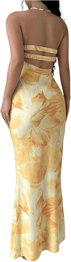 Milumia Women Floral Print Cut Out Backless Fishtail Hem Bodycon Tube Long Dress | Amazon (US)