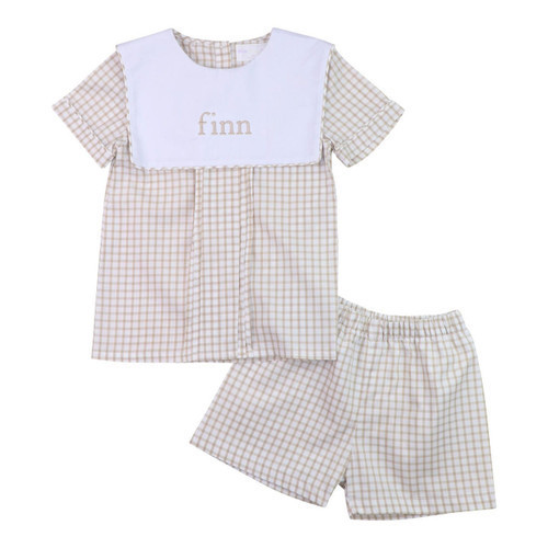 Khaki Windowpane Square Collar Short Set | Cecil and Lou