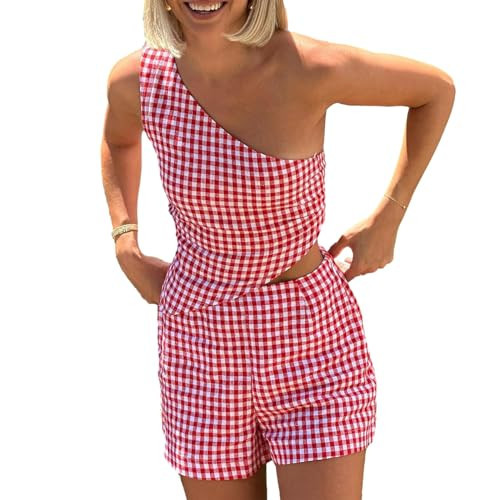Women's Y2K 2 Piece Gingham Shorts Set Plaid Checkered One Shoulder Tank Tops+Shorts Pajamas Sets Jumpsuit (A Red Gingham, M) | Amazon (US)