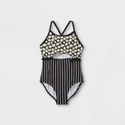 Girls' Daisy Print Front-Cut One Piece Swimsuit - art class™ Black | Target