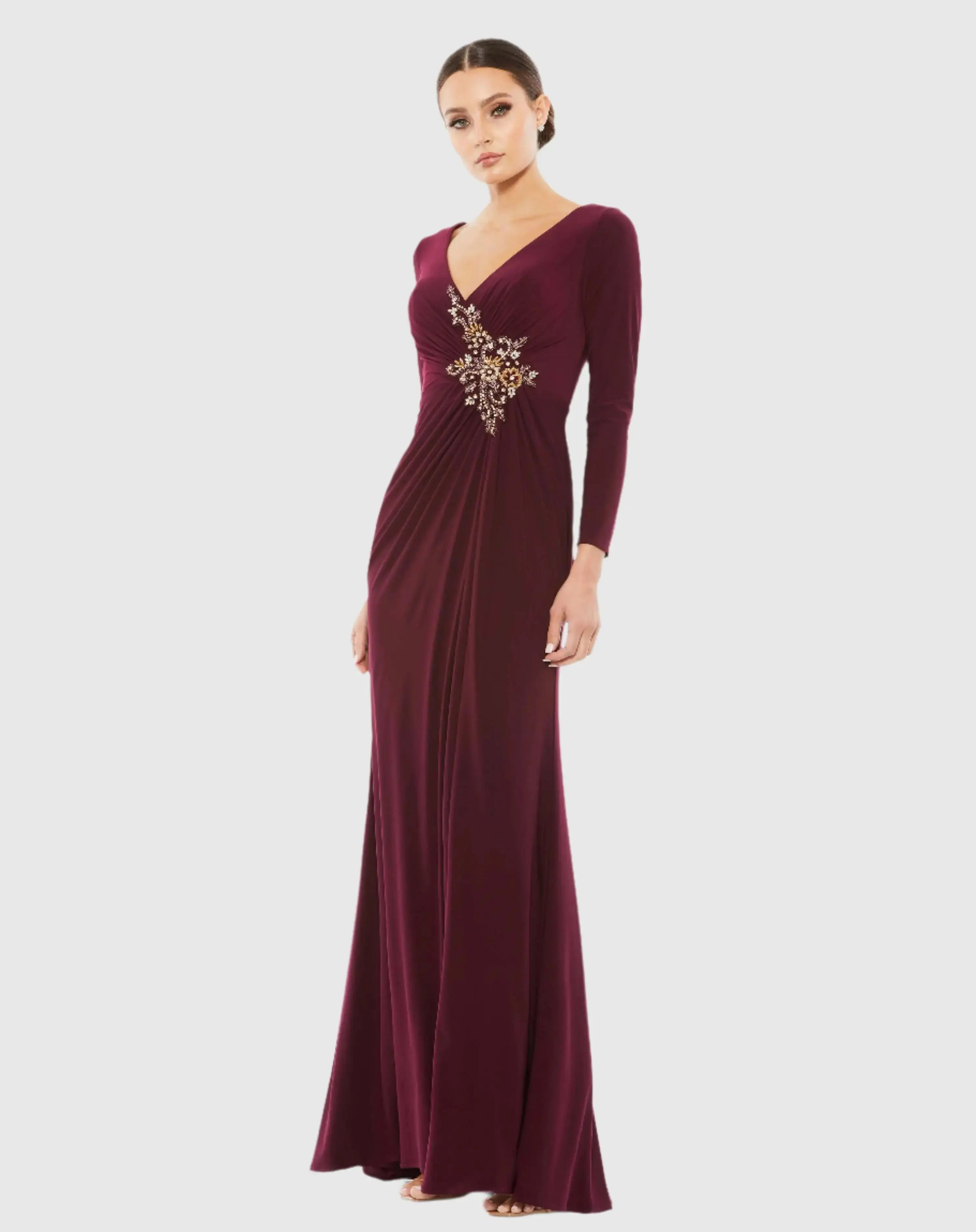 Red Faux Wrap Long Sleeve Evening Gown with Appliqué Detail | Mac Duggal | Mac Duggal