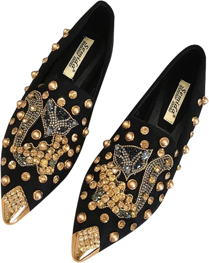 Women Rhinestone Flats Slip On Pointed Toe Sparkle Flats Faux Suede Sparkle Ballet Embellished Fl... | Amazon (US)