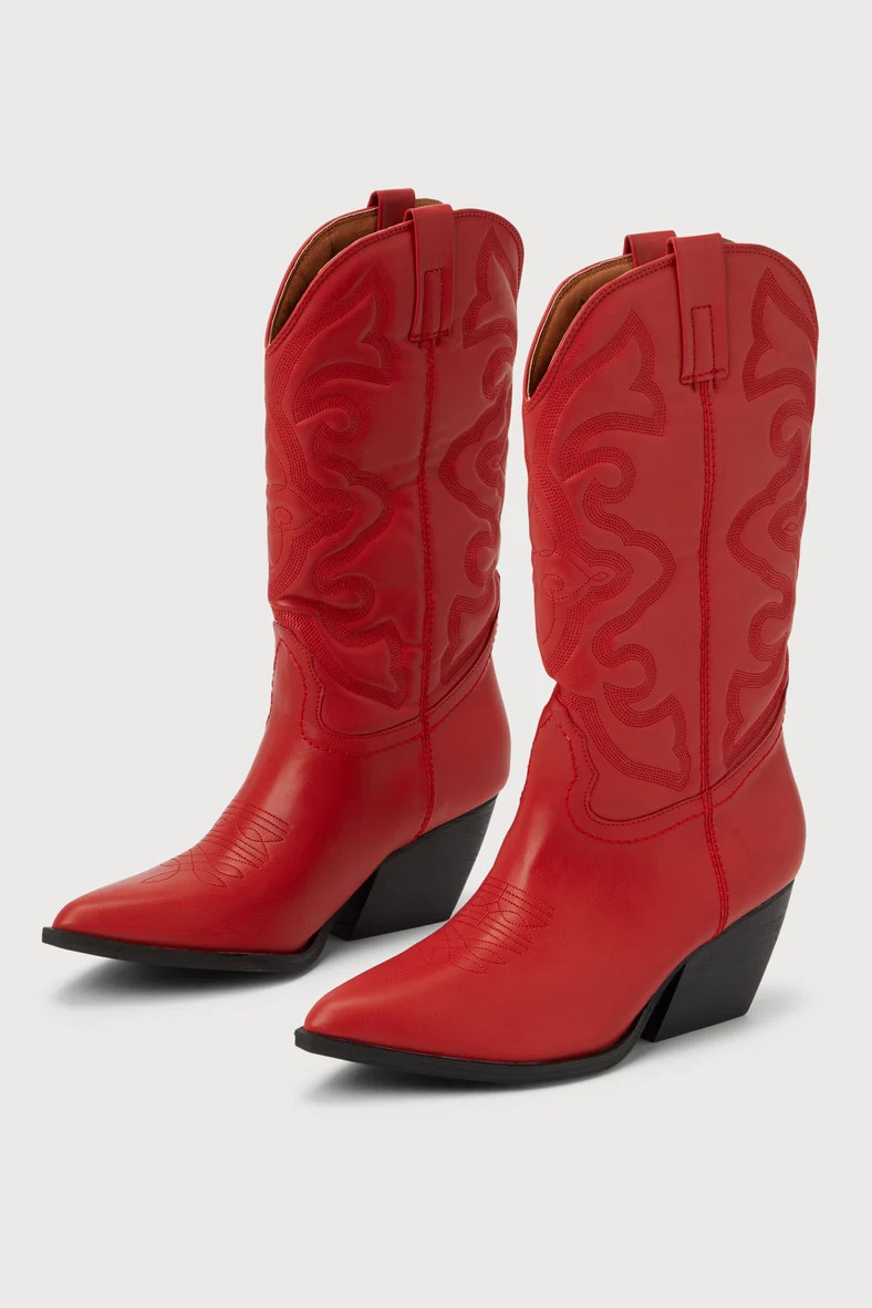 Anisa Red Pointed-Toe Mid-Calf Western Boots | Lulus (US)