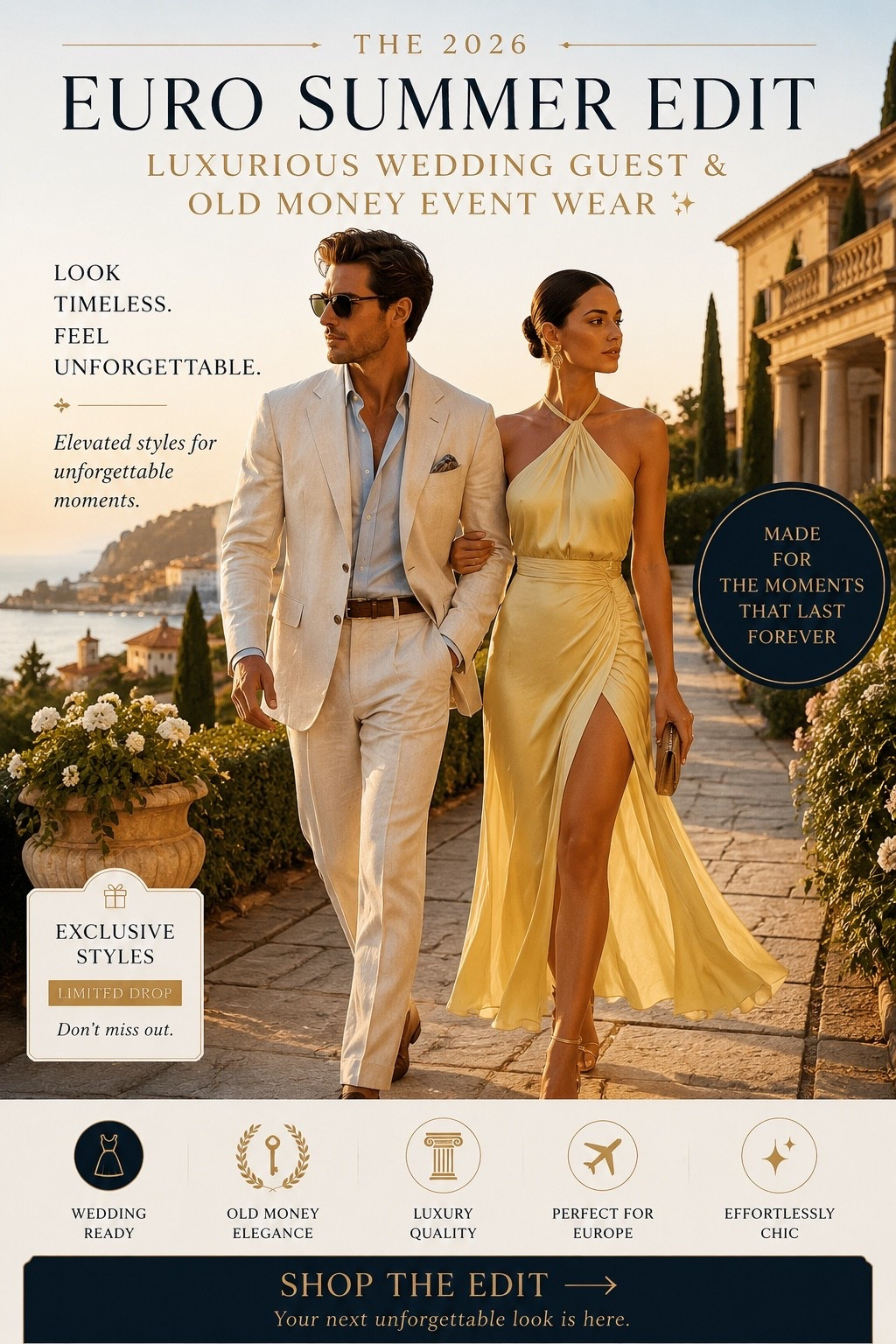 Step into your most unforgettable summer yet. ✨ This is the edit for the woman who walks into a room and commands it — effortlessly, elegantly, without trying too hard.
Curated for European weddings, black-tie garden parties, destination celebrations, and every luxurious moment in between. Think silky halter gowns, linen suiting, old money elegance, and resort-ready sophistication.  Whether you’re attending a Tuscany wedding, a Riviera dinner, or a summer soirée in the Hamptons — this edit has your look covered.
Shop the full collection → linked above 🛍️ wedding guest dress 2026 · euro summer outfit · old money aesthetic · luxury wedding guest · destination wedding outfit · summer formal dress · wedding guest look · resort wear 2026 · European summer fashion · elegant summer dress · LTK wedding guest · summer event outfit · old money fashion · halter gown · linen suit men · summer wedding style

#LTKootd #LTKgrwm #LTKfitnessgoals