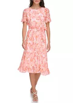 DKNY Women's Floral Printed Tie Waist Fit and Flare Dress | Belk