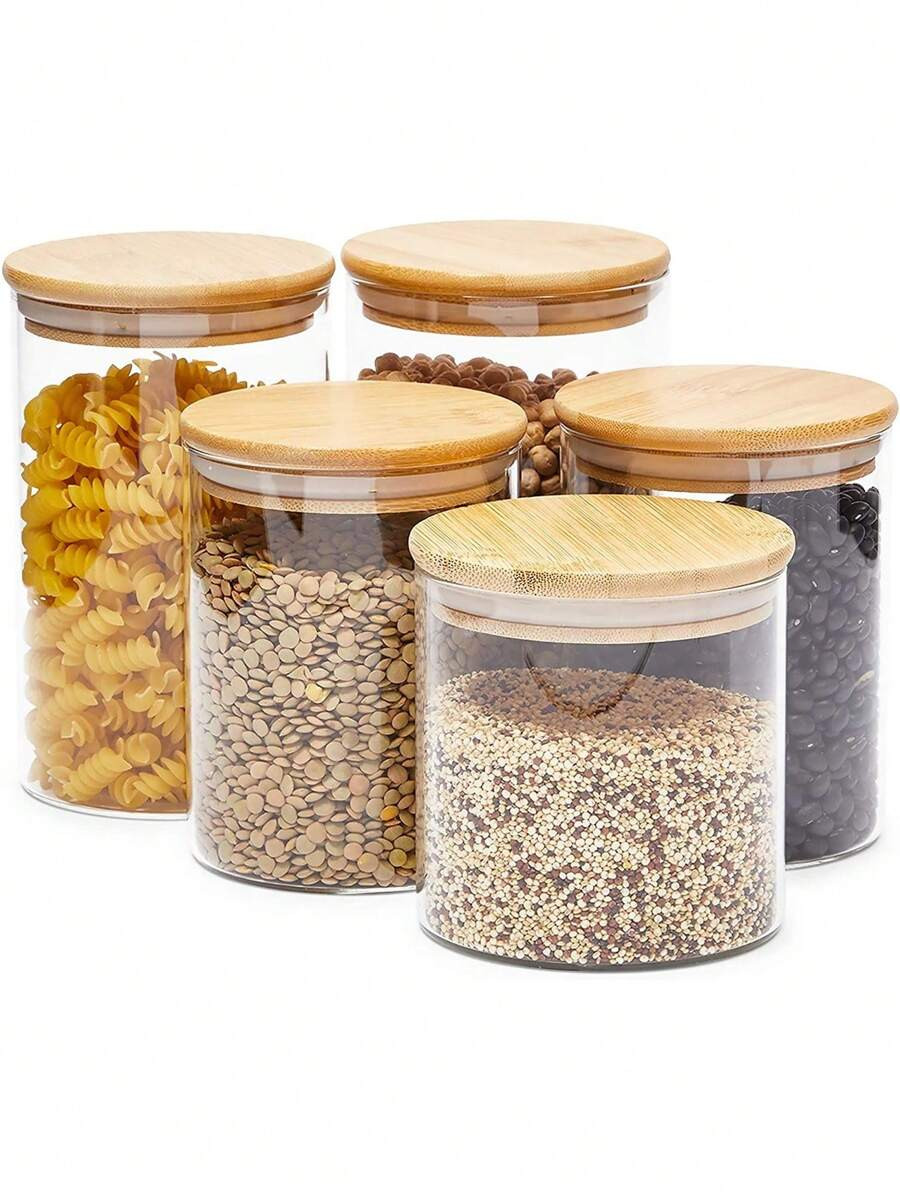 SHEIN X Heather Rae 5-Pack Glass Canisters With Bamboo Lids, 3 Sizes For Pantry Storage | SHEIN