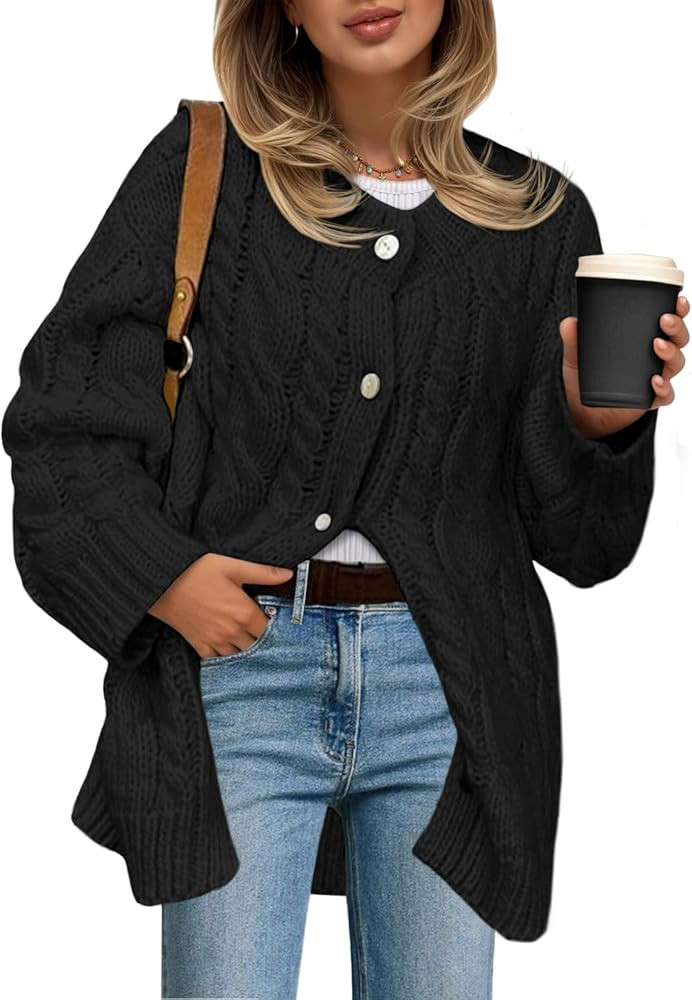 Saodimallsu Womens Cable Knit Cardigan Sweaters Chunky Button Up Long Sleeve Crew Neck Warm Loose... | Amazon (US)