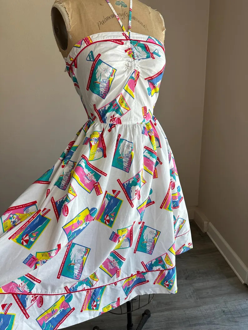 Vintage 1980\u2019s 80\u2019s Novelty Print Vacation Print Cotton Halter Dress by Esprit size ext... | Etsy (Global)
