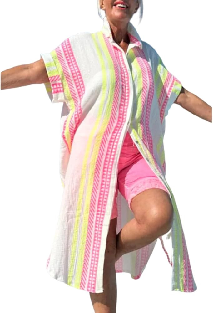 utcoco Women's Boho Color Block Shirt Dresses Beach Cover Ups Casual Short Sleeve Button Down Mid... | Amazon (US)