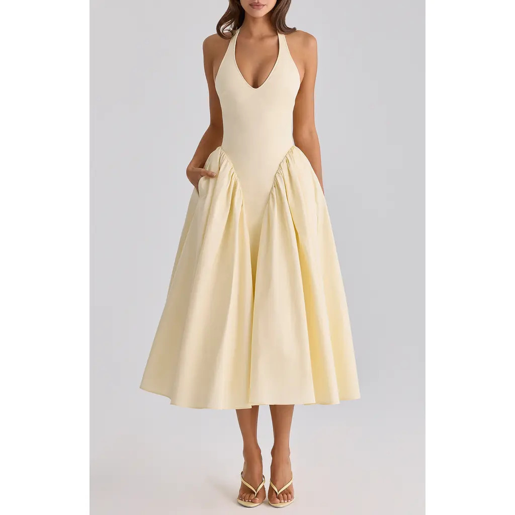 HOUSE OF CB Marilyn Halter Cotton Blend Midi Sundress in Lemon at Nordstrom, Size X-Small | Nordstrom