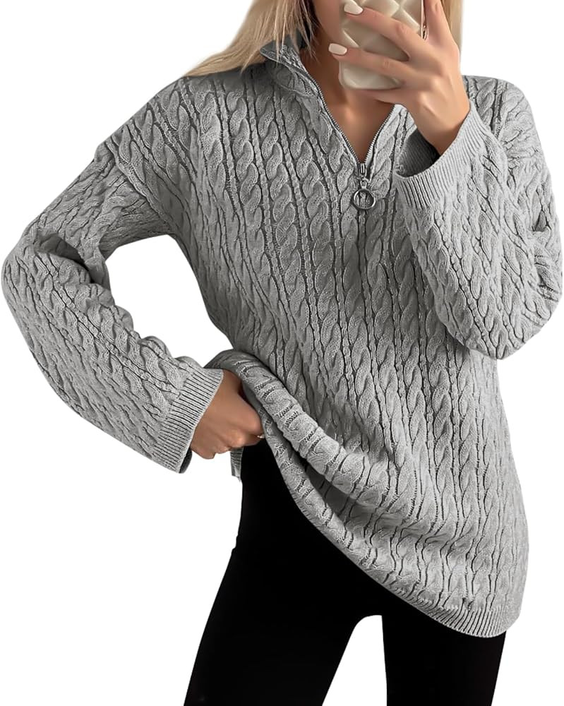 Imily Bela Womens Cable Knit Half Zip Sweater V Neck Collared Fall Trendy Oversized Long Sleeve P... | Amazon (US)