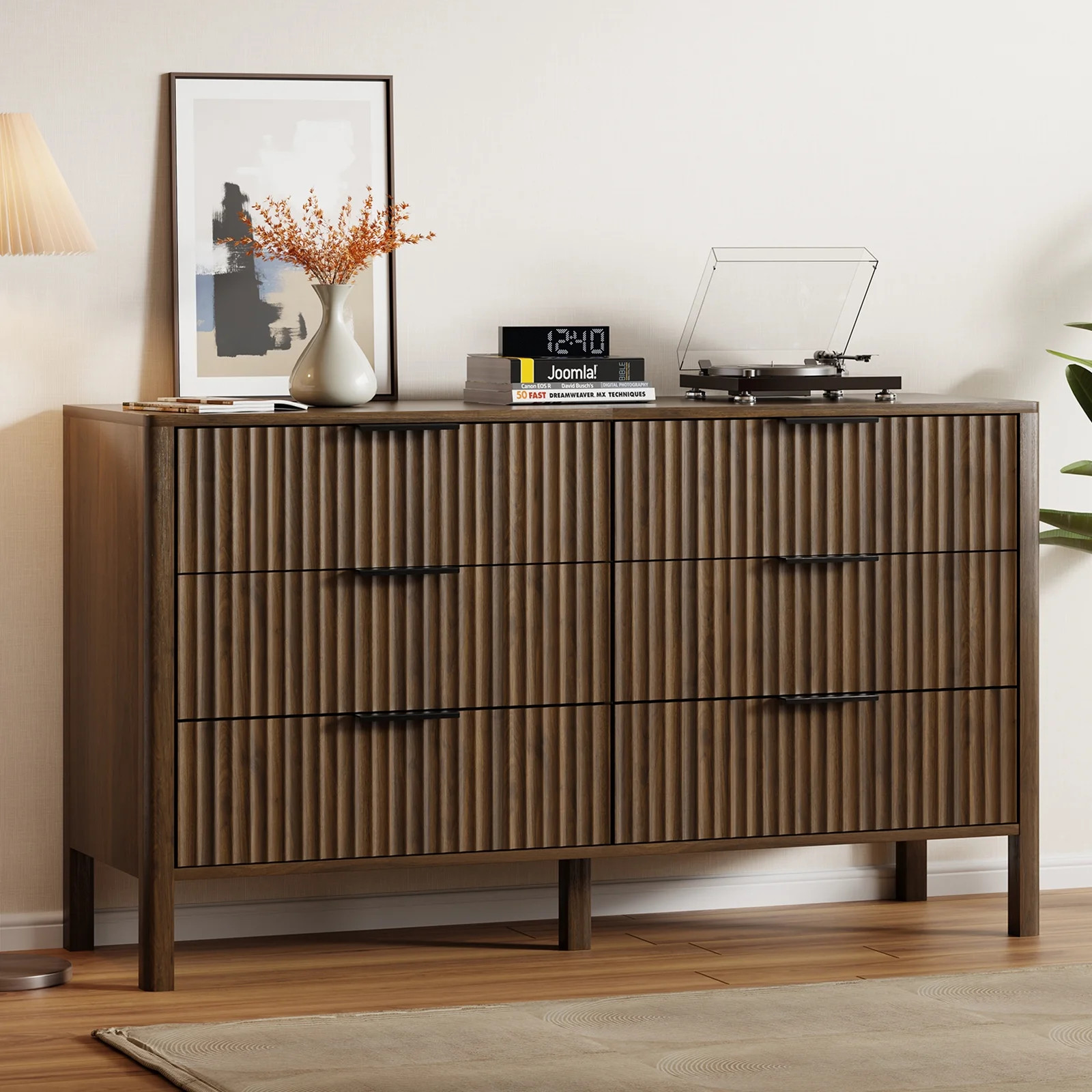 Fluted 6 Drawer Dresser for Bedroom 55" Wide Wooden Dresser TV Stand Modern Storage Organizer for... | Walmart (US)