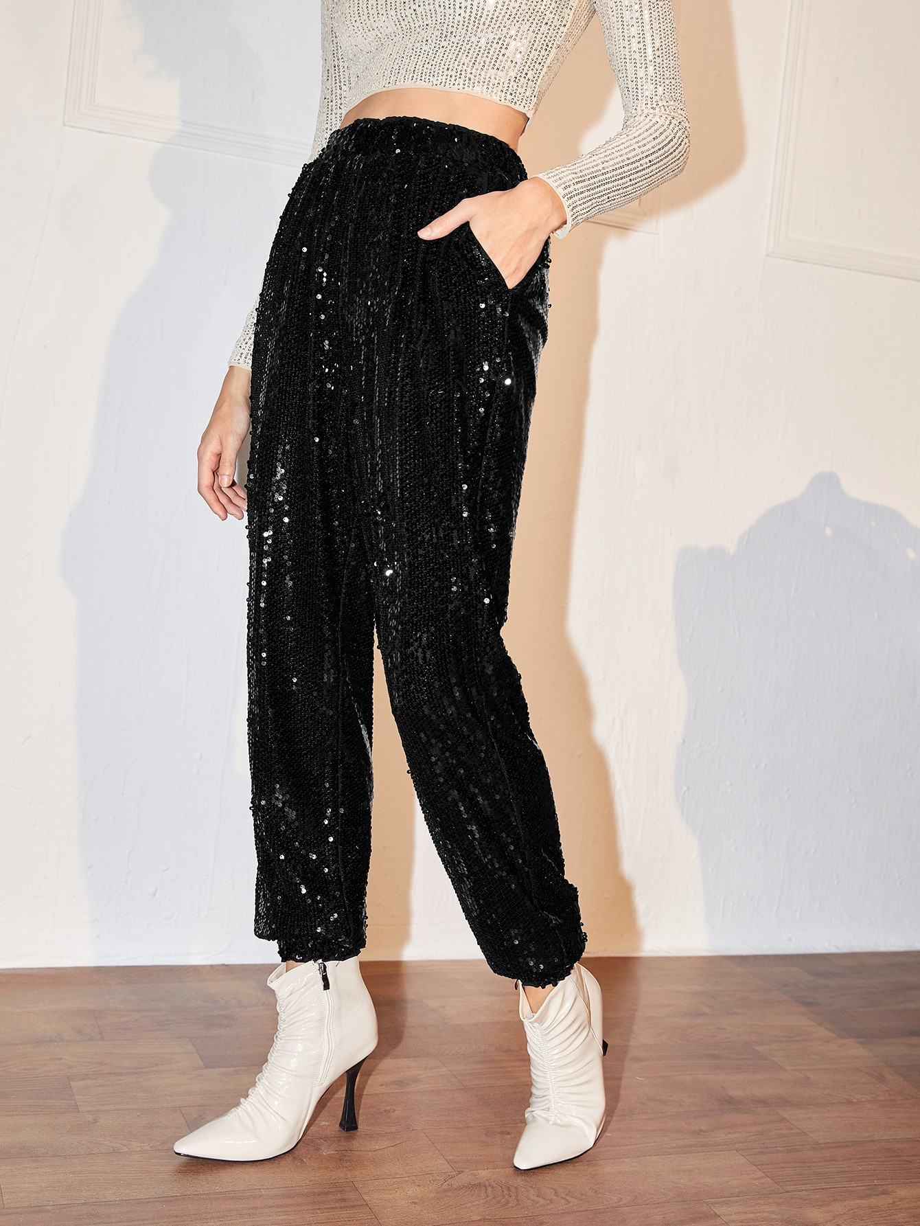 SHEIN Slant Pocket Sequin Tapered Pants | SHEIN
