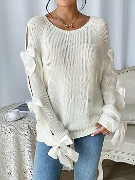 Floerns Women's Bow Knot Cut Out Long Sleeve Ribbed Knit Pullover Sweater Tops | Amazon (US)