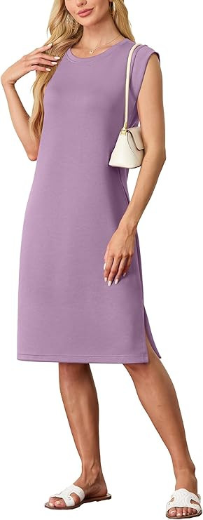 GRECERELLE 2026 Women Summer Round Neck Casual Loose Split Wrinkle-Free Midi Dress with Pockets (... | Amazon (US)