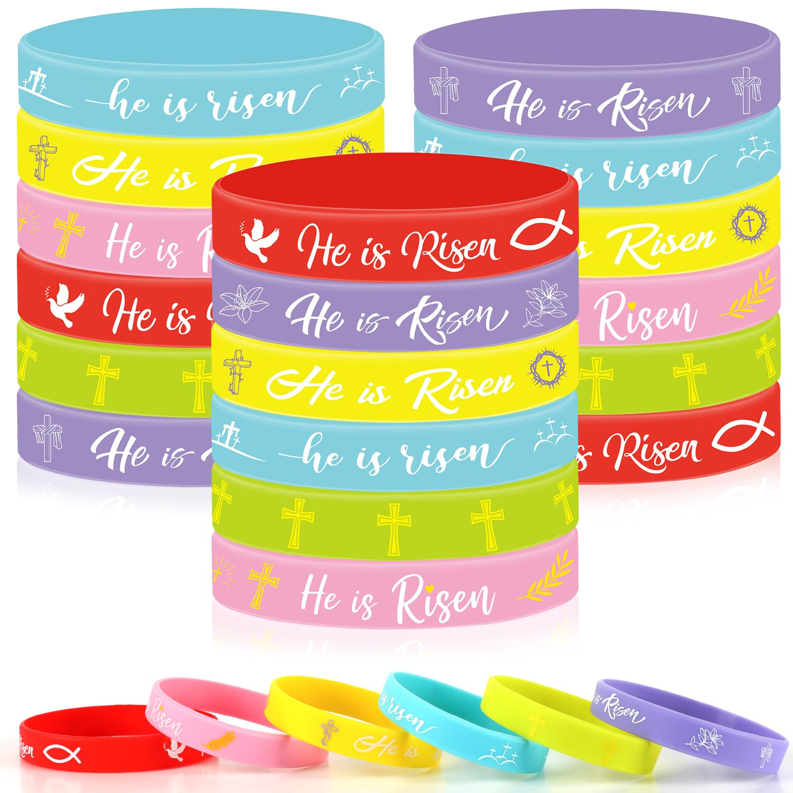 JUNEBRUSHS 42 Pcs He Is Risen Bracelets, 6 Styles of Easter Religious Silicone Wristbands Christi... | Amazon (US)