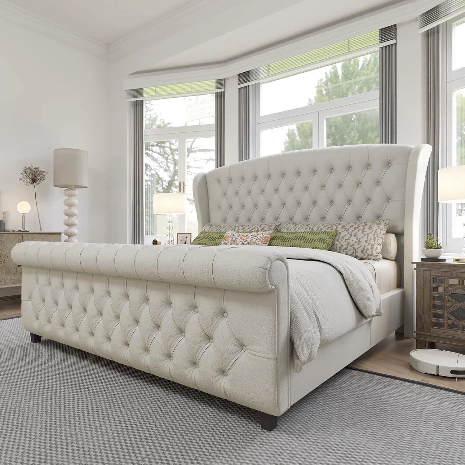 Dulane Chenille / Velvet Upholstered Sleigh Bed with Scroll Wingback Headboard | Wayfair North America