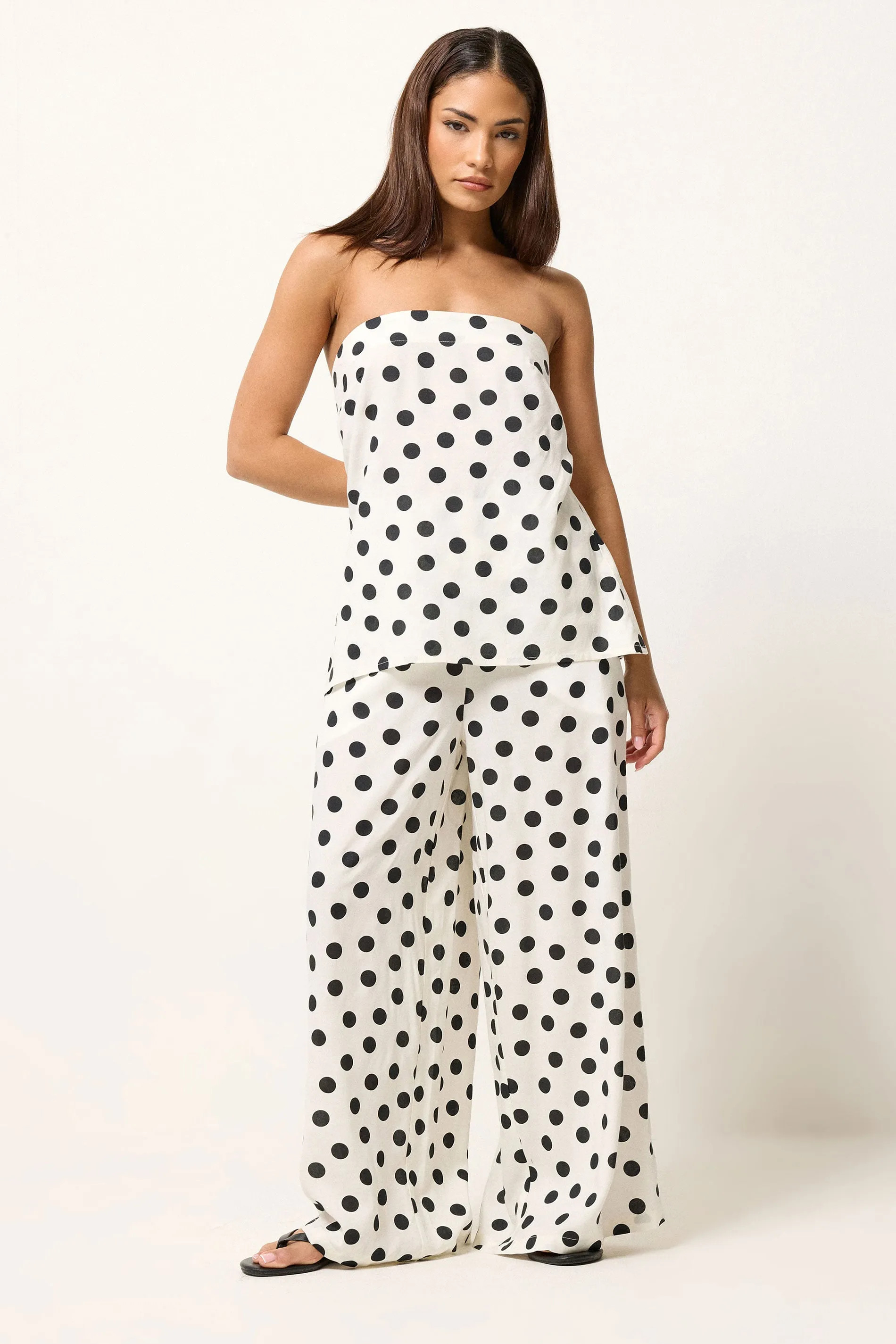 White PixieGirl Petite Spot Bandeau Top & Wide Leg Trousers Set | Debenhams | Debenhams UK