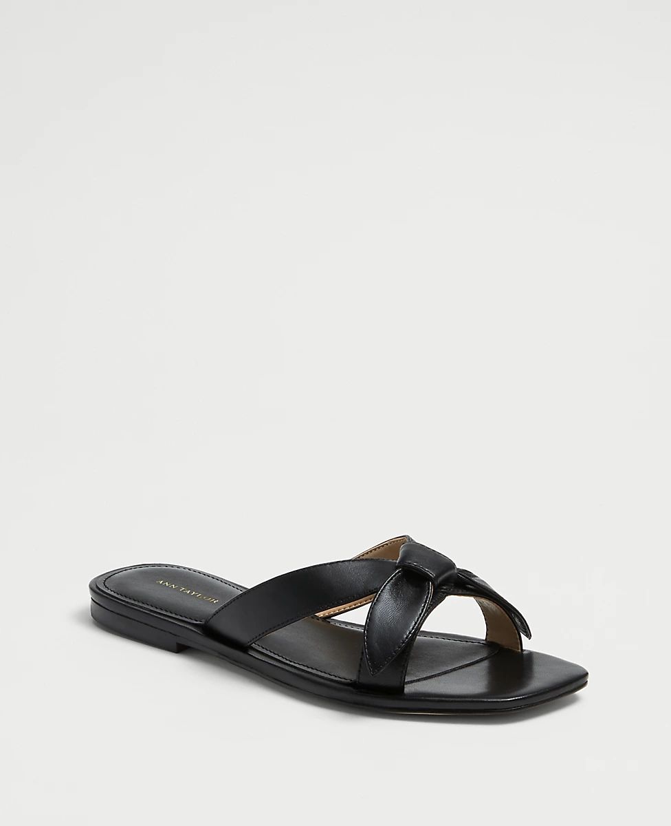 Ava Leather Bow Flat Slide Sandals | Ann Taylor (US)