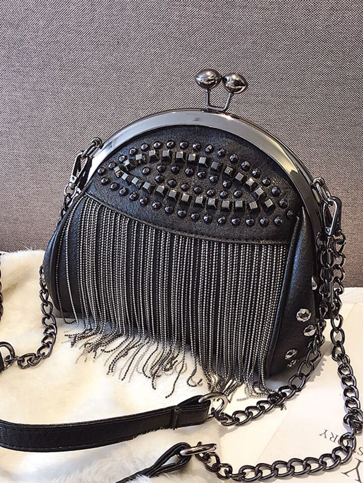 Vintage Kiss Lock Clutch Evening Bag With Rivet Tassel, Punk Gothic Style Studded Decor Crossbody... | SHEIN