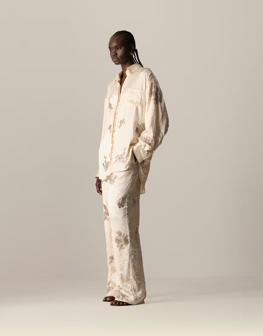 ARRANGE crinkle satin floral embellished pants in cream - part of a set-pink | ASOS (Global)