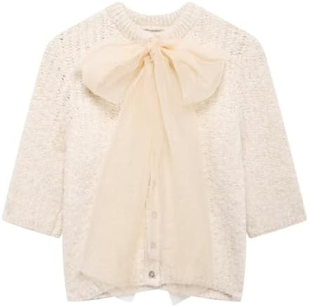 HOULENGS Women's Cute Half Sleeve Bow Tie Sweater Casual Round Neck Button Down Cardigan Sweater | Amazon (US)