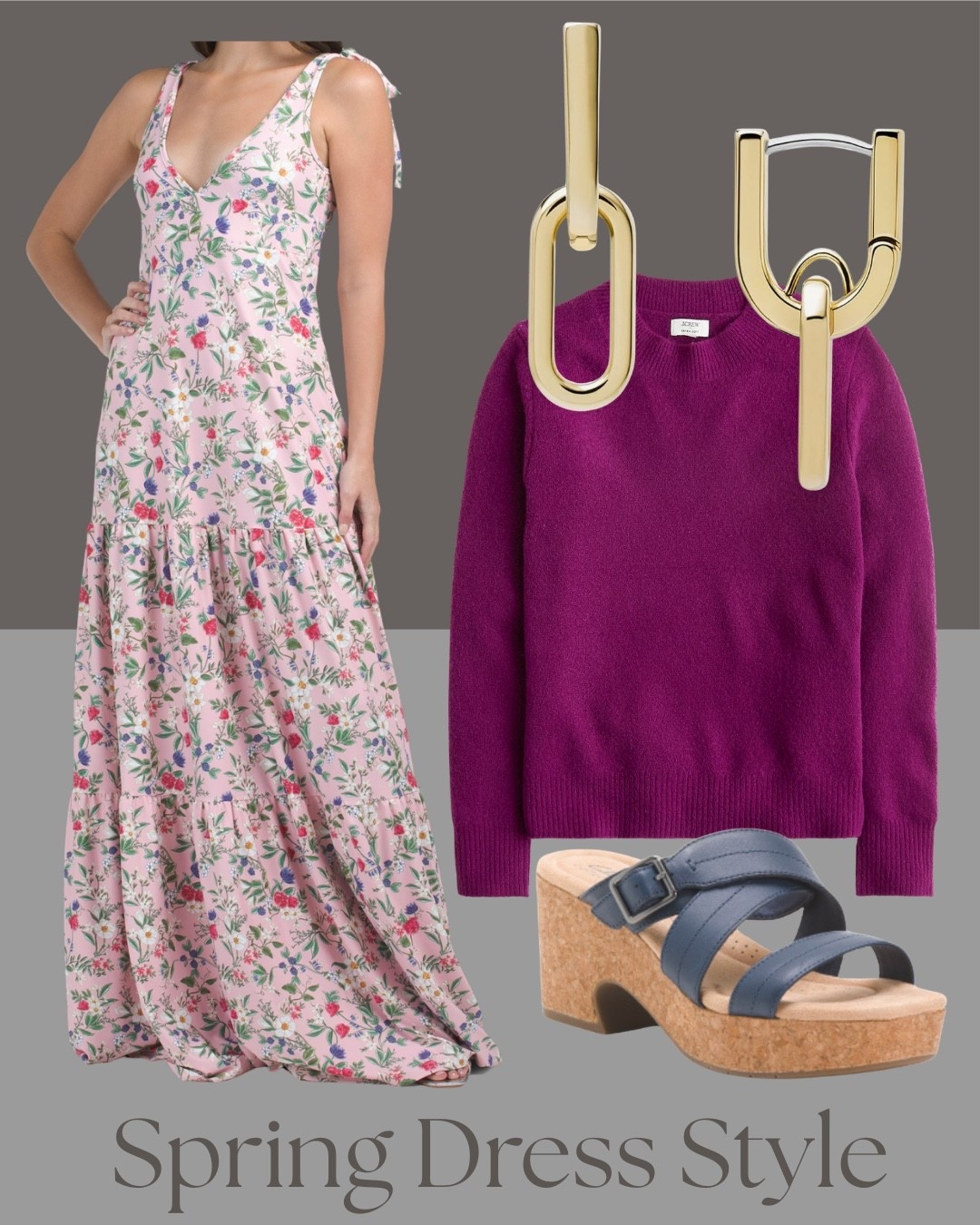 Floral maxi spring dress styled two ways for unpredictable weather days. Wear it on its own with cork platform sandals for warm afternoons, then layer the rich berry sweater over the top when it cools off. The bold gold link earrings give it that elevated, finished look without trying too hard.

#springdress #maxidress #springoutfit #layeredlook #ltkstyle

#LTKootd #LTKOver40