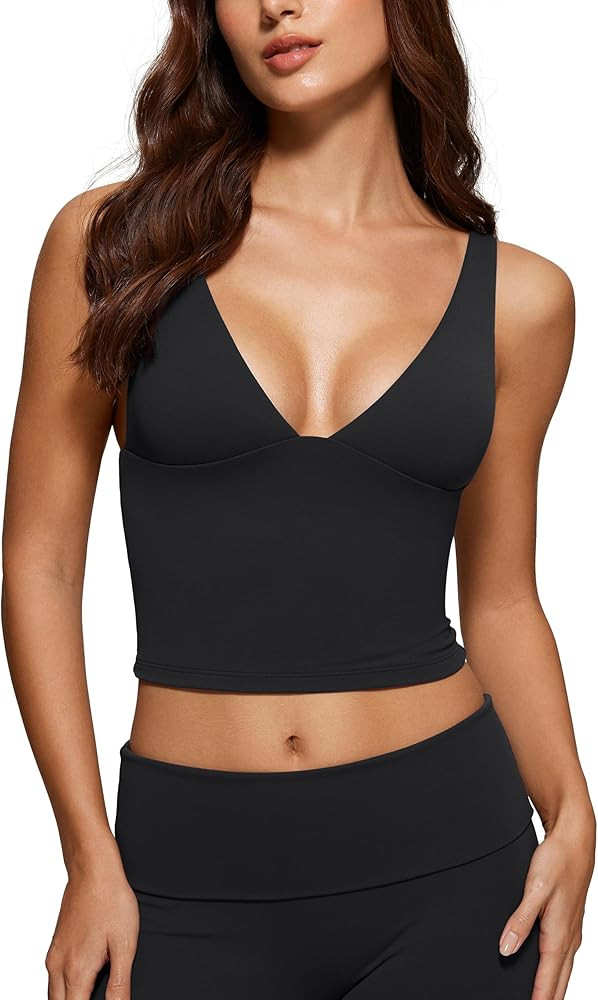 Womens Deep V Neck Plunge Longline Tank Tops Built in Bra Sleeveless Gym Athletic Yoga Cropped To... | Amazon (US)