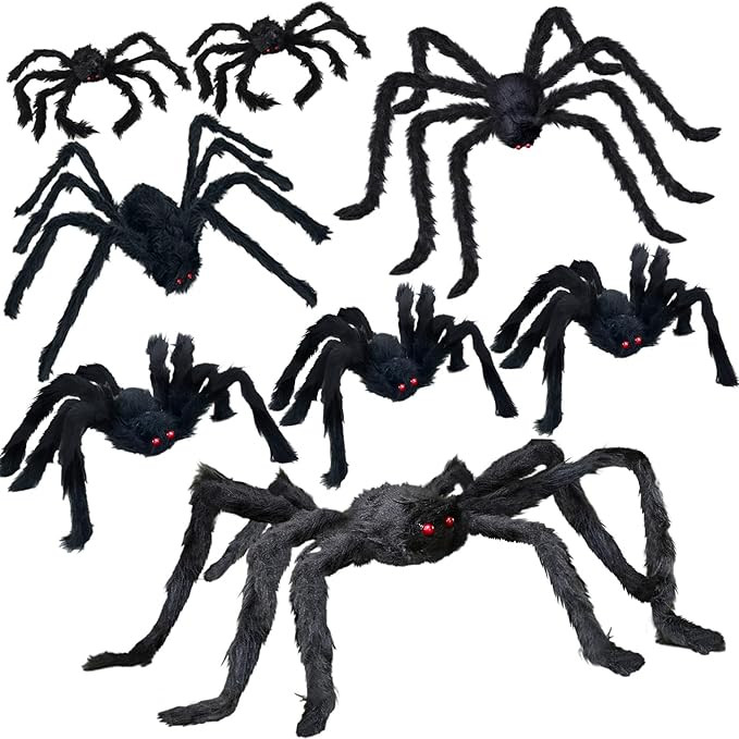 UNGLINGA 8 Large Spiders Halloween Decorations Outdoor Indoor, Fake Spiders Scary Decorations, Bl... | Amazon (US)