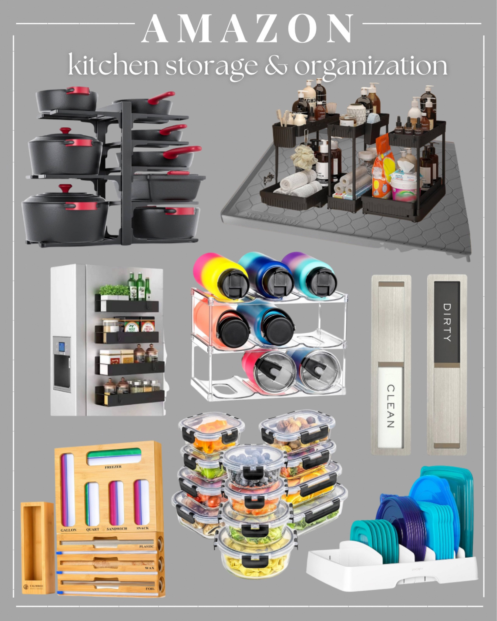 Amazon Kitchen Storage & Organization. Pot & pan organization & storage. Kitchen cabinet organization & storage. Water bottle & tumbler organizer & storage. Baggy storage & organization. Tupperware lid storage & organization. Glass food containers & storage. Dishwasher clean or dirty sign organization.

#LTKSaleAlert #LTKHome #LTKFindsUnder50
