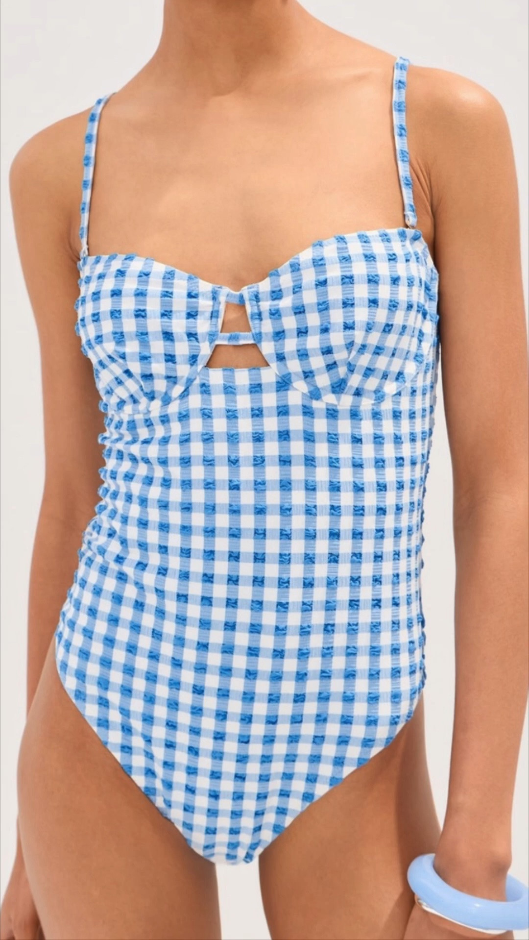 Blue gingham one piece for moms! This suit is so flattering!