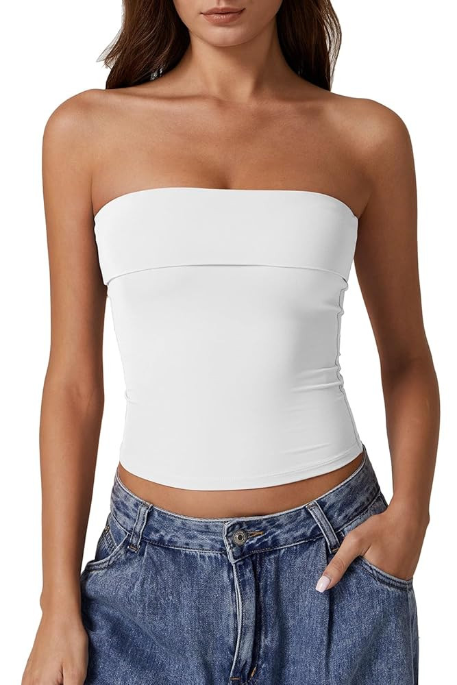 QINSEN Women's Tube Tops Strapless Bandeau Tops Double Lined Slim Fit Summer Going Out Tank Tops | Amazon (US)
