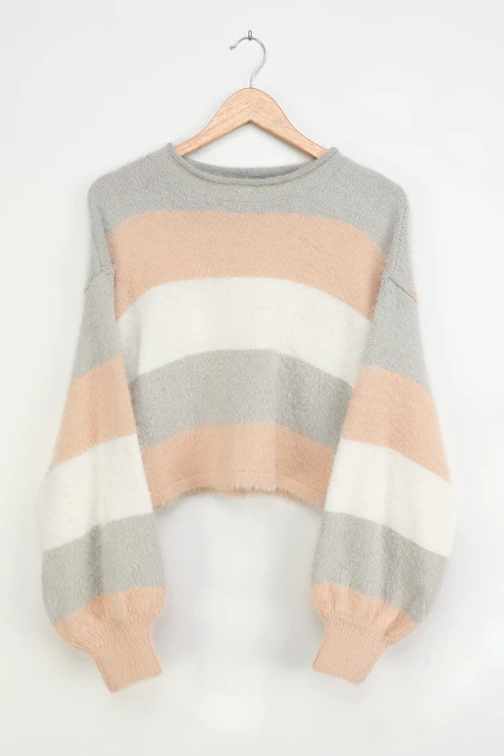 Cozy Nights Grey Multi Striped Eyelash Knit Pullover Sweater | Lulus (US)