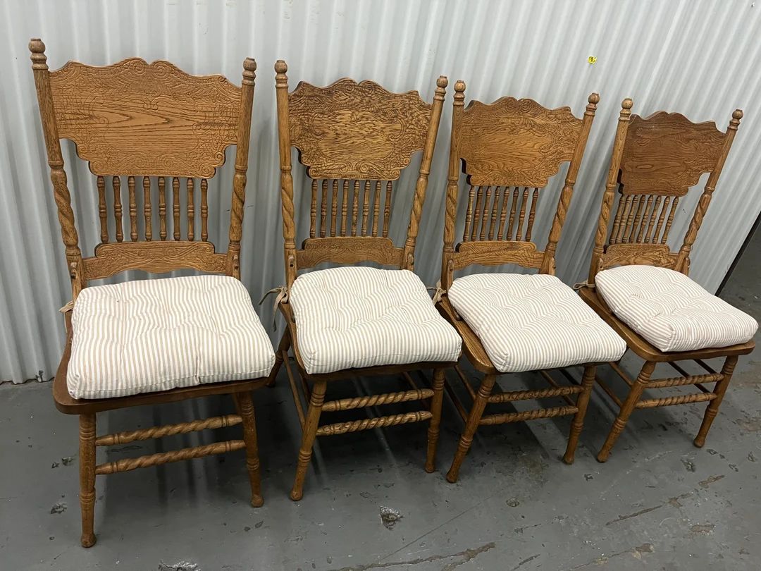 Vintage Wood Rustic Dining Chairs Set 4 Unpainted Farmhouse Chairs With Cushions - Etsy | Etsy (US)