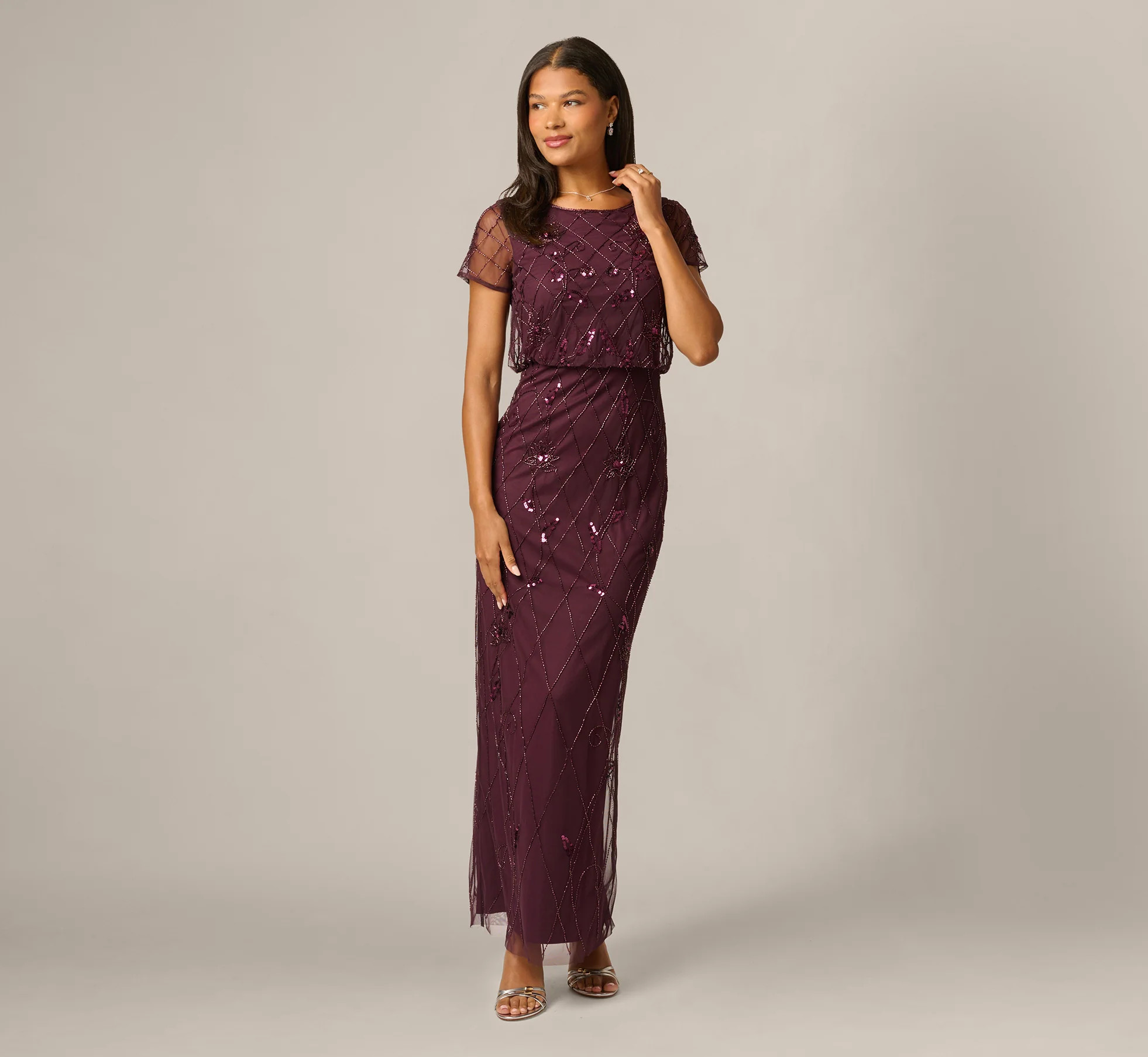 Burgundy Short Sleeve Lattice Floral Beaded Blouson Gown - Adrianna Papell | Adrianna Papell