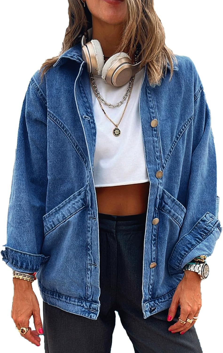 Women's Casual Oversized Button Up Denim Jackets Shacket Long Sleeve Pockets Denim Jean Jacket with Huge Pockets | Amazon (US)
