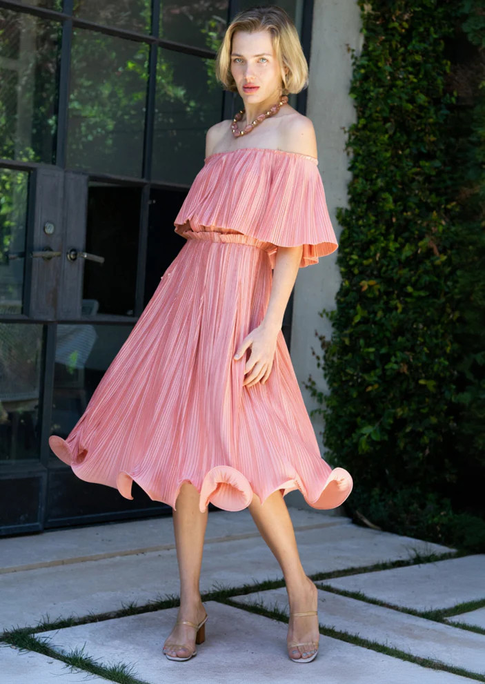 Quinn Coral Plisse Flounce Hem Midi Skirt | Benaar La