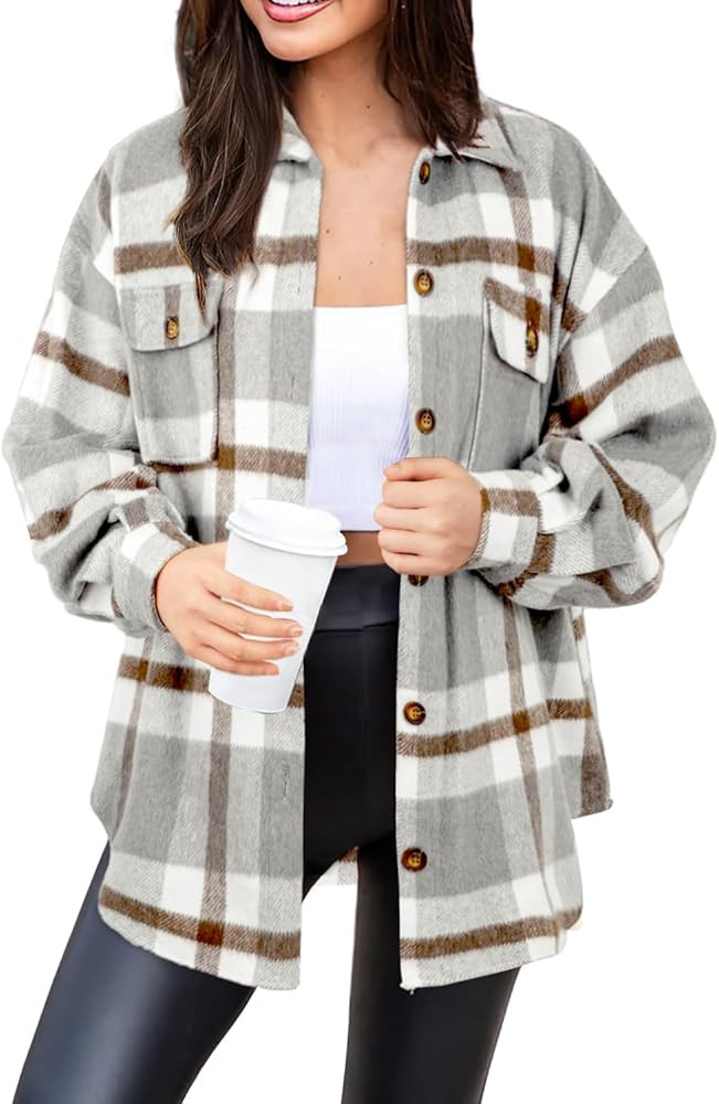 NIeyook Women's Casual Plaid Flannel Shacket Jacket Oversized Long Sleeve Button Down Shirts Jack... | Amazon (US)