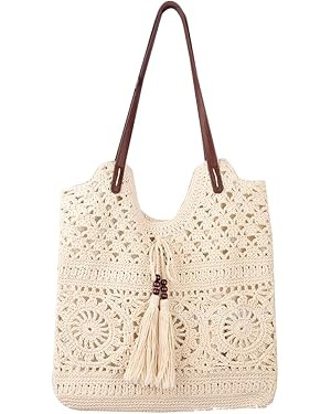 Boho Crochet Summer Handbag Handmade Cotton Rope Knit Shoulder Bags for Women Bohemia Tote for Tr... | Amazon (US)