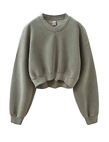 Meladyan Women's Casual Cropped Sweatshirt Basic Solid Long Sleeve Fleece V Neck Loose Drop Shoulder Pullover Crop Top Vintage, Coffee -V01, Small | Amazon (US)