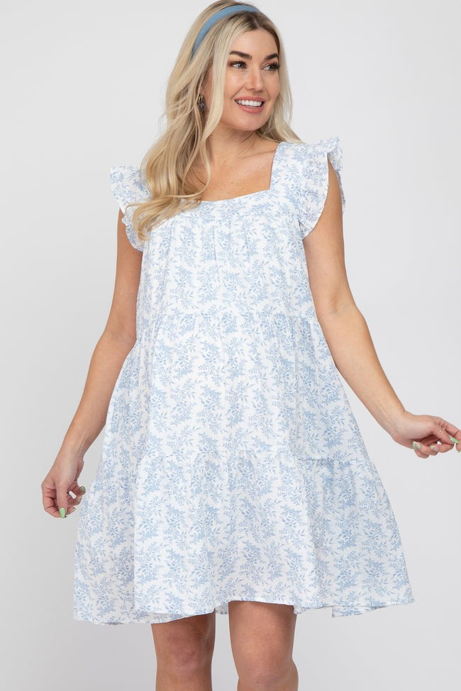 Blue Floral Square Neck Ruffle Sleeve Tiered Maternity Dress | PinkBlush Maternity