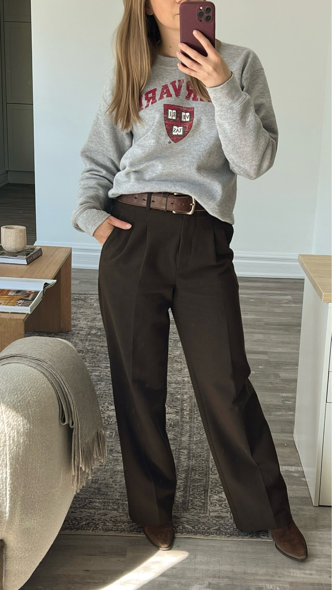 Work outfit, casual work outfit, comfy work outfit, trousers, work pants, brown, crewneck, spring outfits. 

#LTKspring #LTKworkwear #LTKstyletip