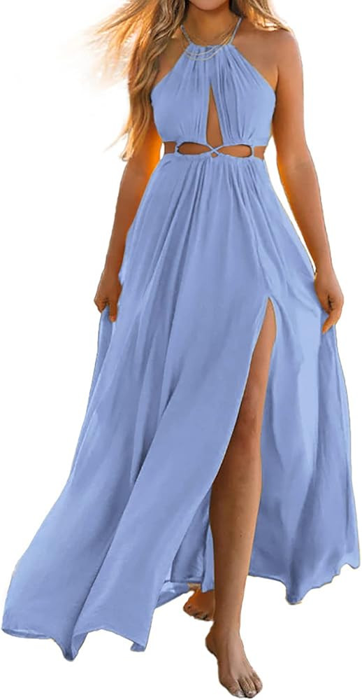 BTFBM Women 2023 Summer Dress Sleeveless Cutout Halter Maxi Backless Boho Casual Beach Party Cock... | Amazon (US)