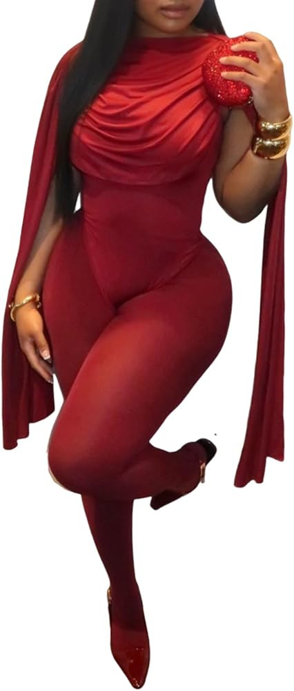 Ryehack Sexy Two Piece Outfits for Women Draped Cape Ruched Cowl Neck Bodysuit Top and Mesh Pants... | Amazon (US)